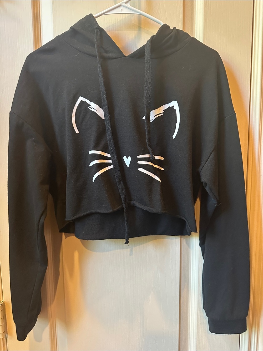 Black Cropped Cat Face Hoodie - Women's Sweatshirt